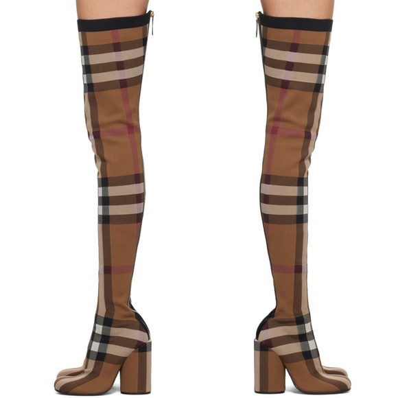 NIB Burberry 36 Anita Knit Check Over-the-Knee Thigh High Stretch Boots in Brown - Picture 7 of 17